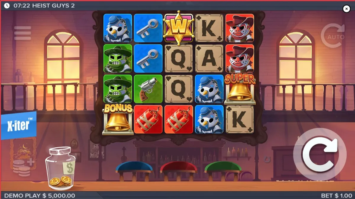 Tampilan visual slot Heist Guys 2 dengan tema koboi dan perampokan